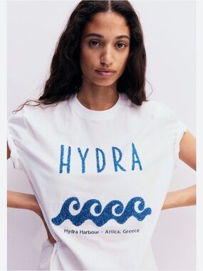 H&M White Short-Sleeve Tee with Blue Glitter 'HYDRA' Graphic